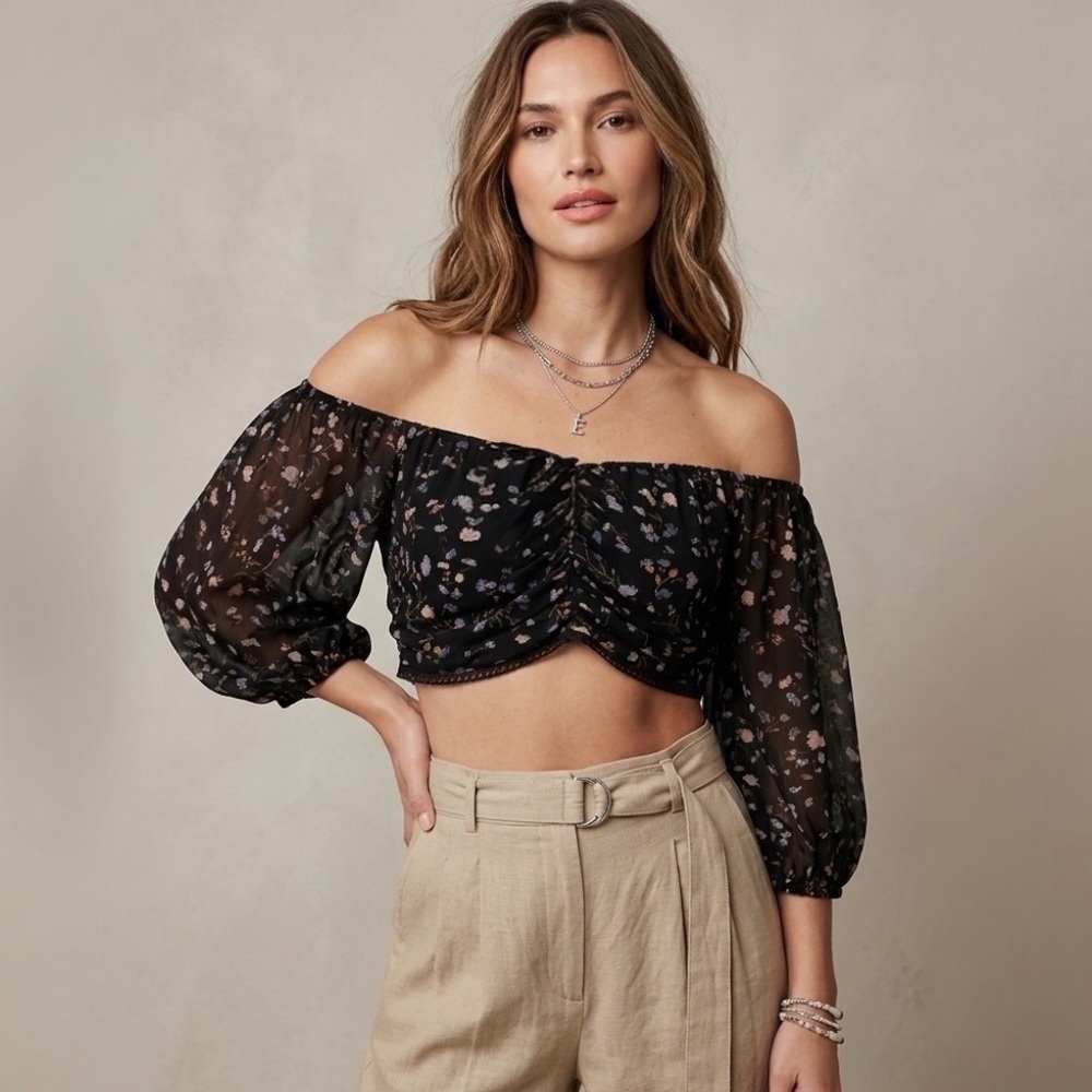 ba&sh Paris Black Sheer Floral Off Shoulder Peasant Crop Top Blouse L NWT